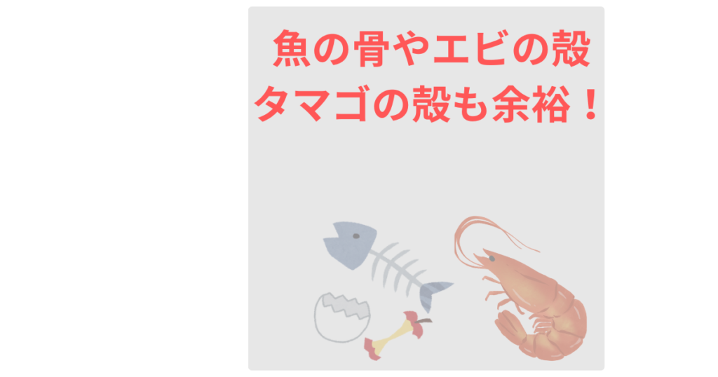 パンの袋に見立てたグレー袋の中に魚の骨やエビの殻、タマゴの殻などが入っている