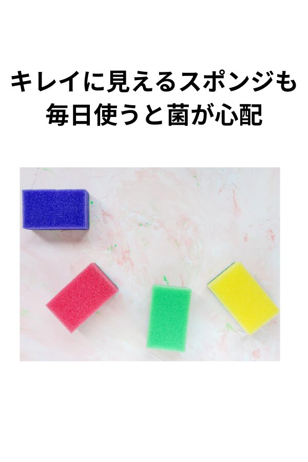 カラフルなスポンジが並んでいる「キレイに見えるスポンジも毎日使うと菌が心配」とコメントあり