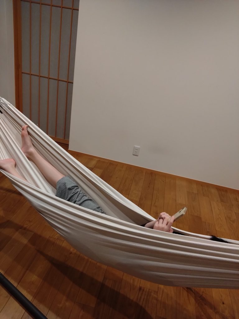 屋内で使っているハンモックに子どもがのっている写真