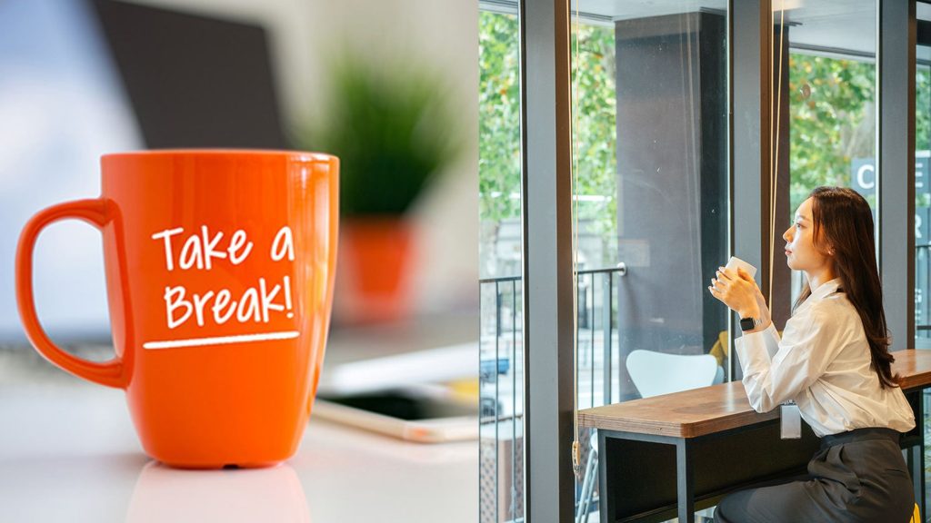 「Take a Break!]と書いてあるマグカップとカフェでゆったりしている女性
